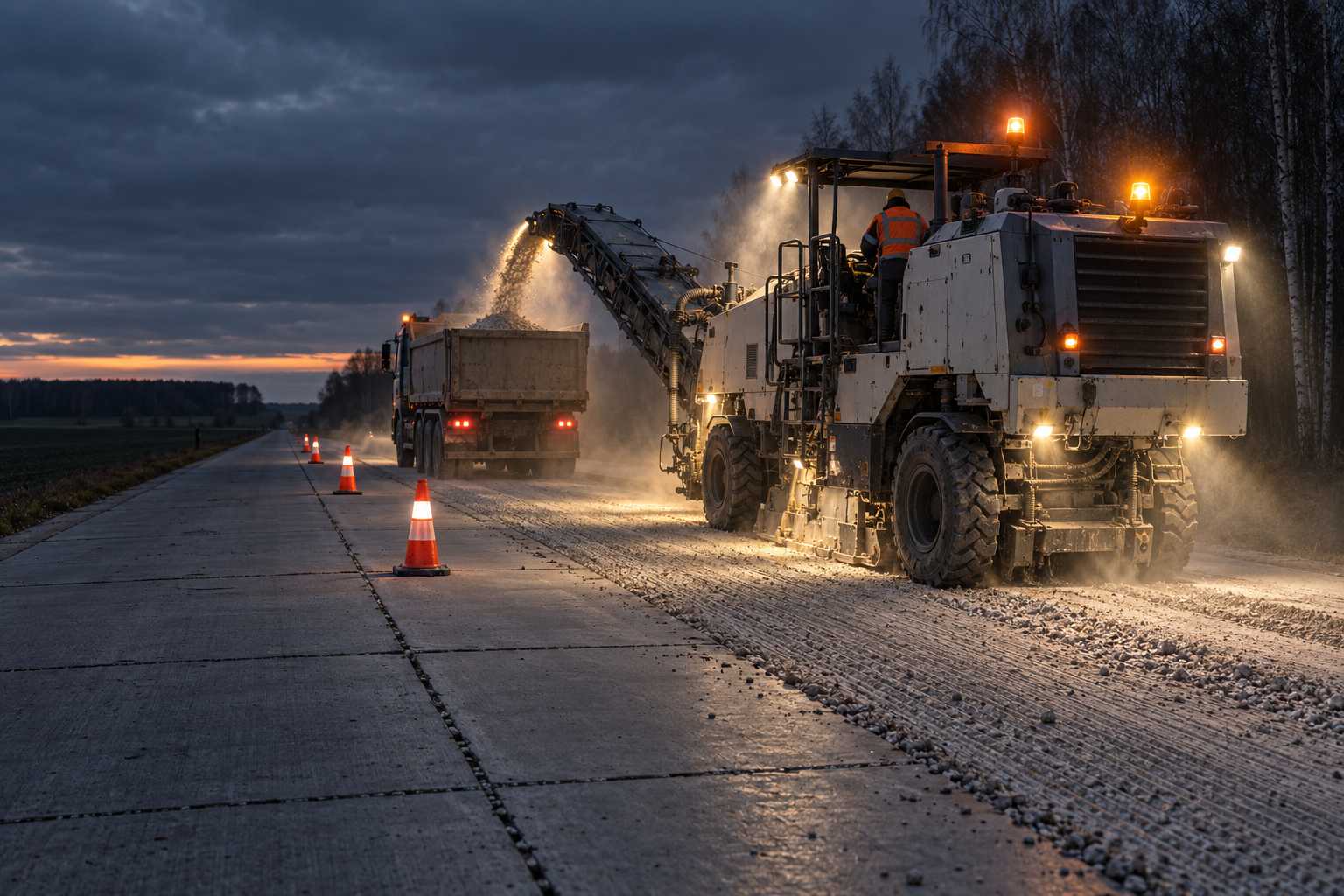 Frezarka kołowa o zmierzchu zdejmuje wierzch drogi z płyt betonowych i ładuje urobek na wywrotkę.