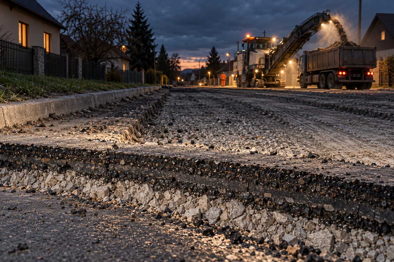 Ulica po zerwaniu asfaltu do podbudowy; na krawędzi widać stare warstwy, w tle frezarka ładuje urobek.