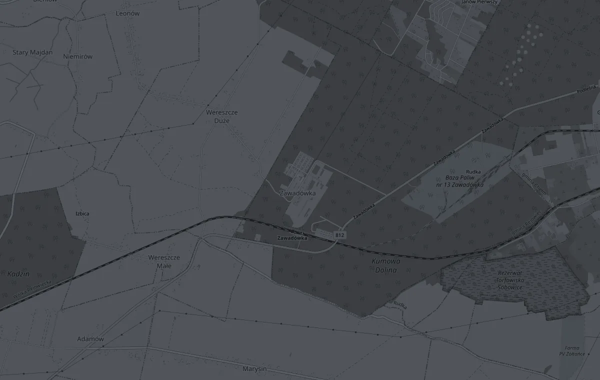 Mapa okolic Zawadówki w gminie Rejowiec z zaznaczoną siedzibą firmy.