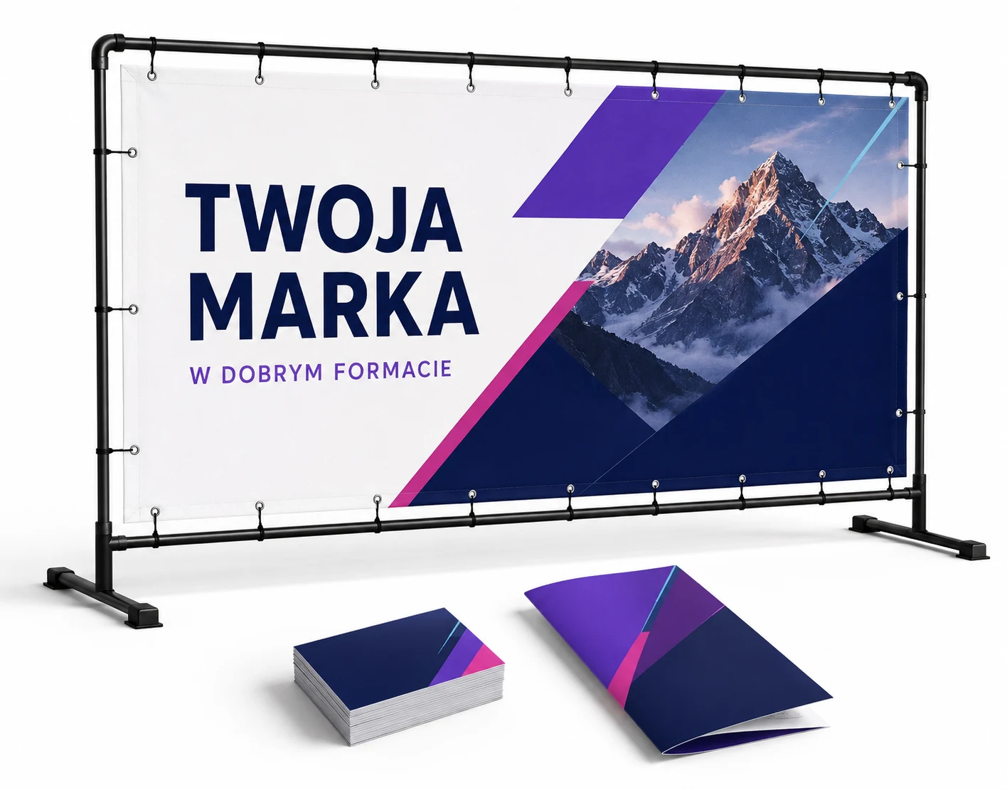 Baner na stelażu, wizytówki i folder z granatowo-fioletową grafiką
