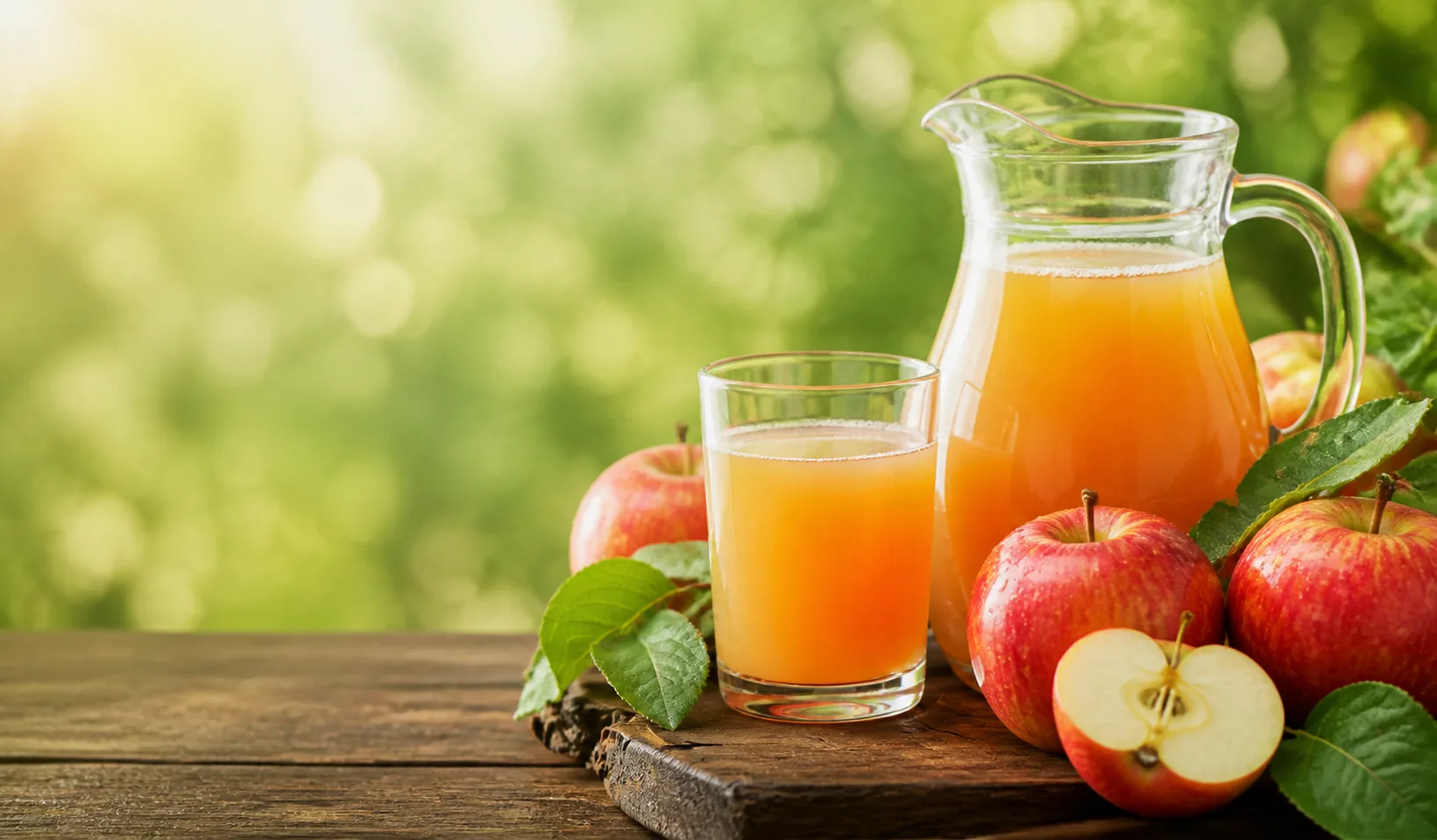 Dzbanek i szklanka naturalnego soku jabłkowego wśród świeżych jabłek