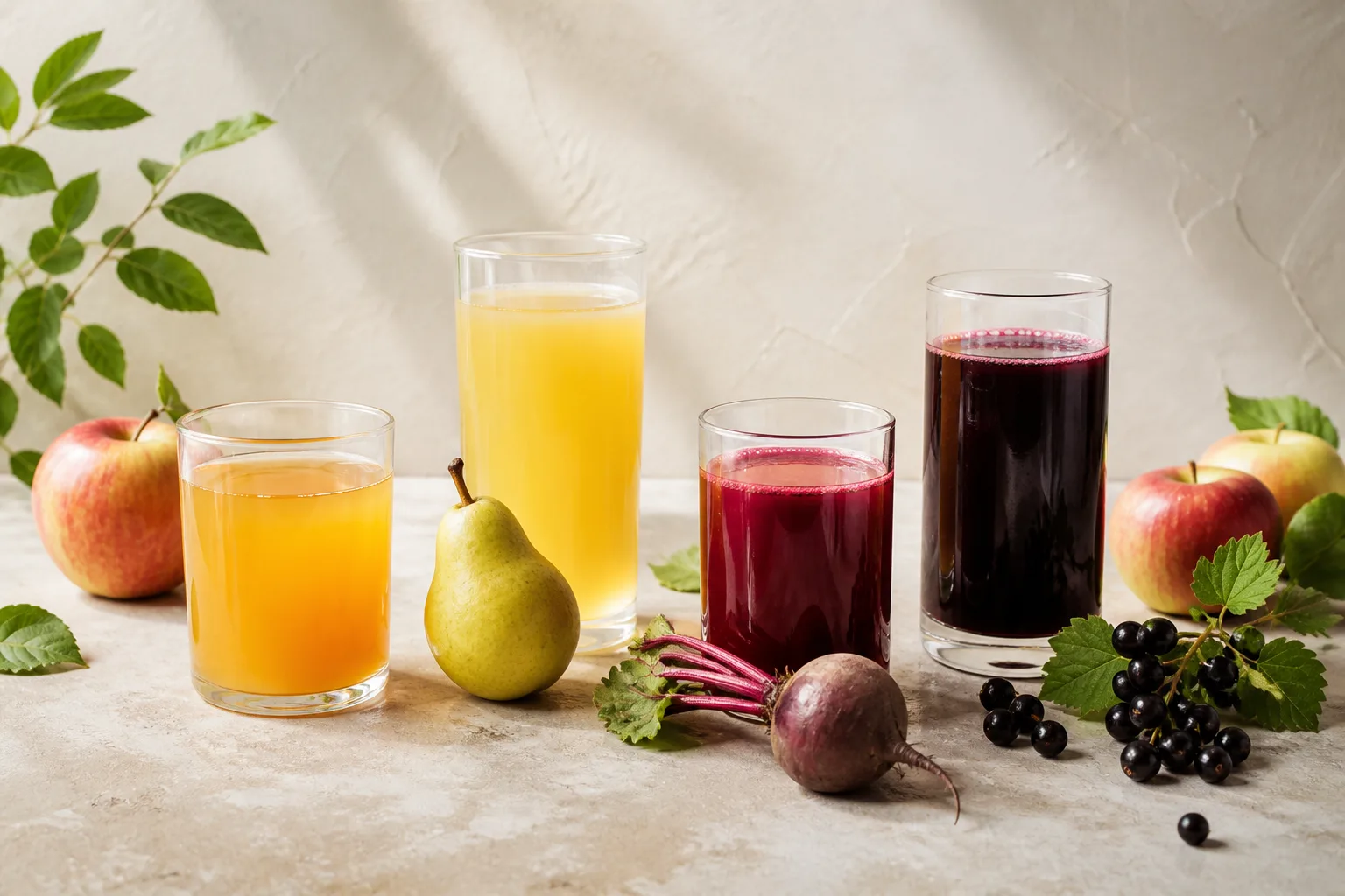 Cztery naturalne soki w różnych smakach