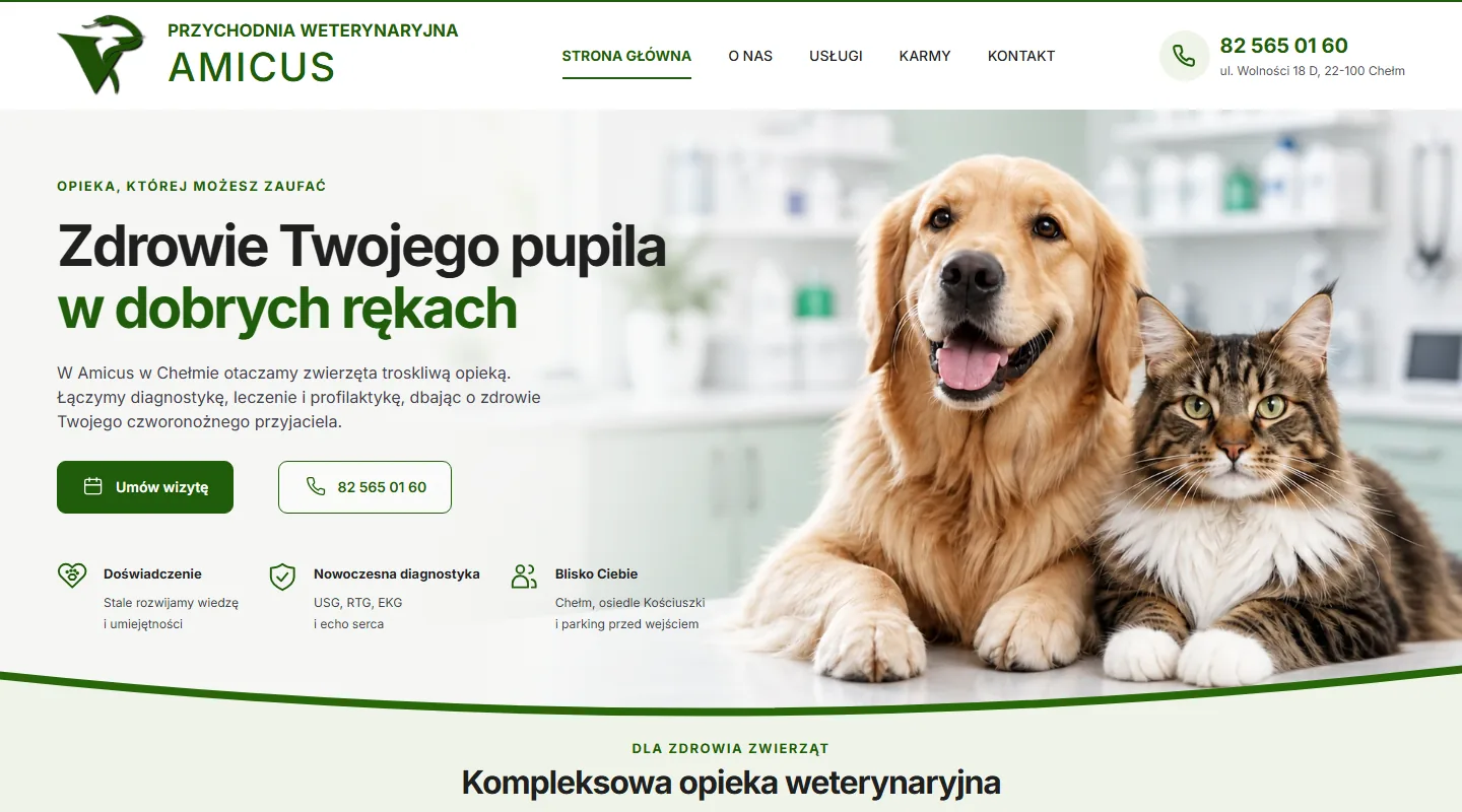 Strona przychodni weterynaryjnej Amicus w Chełmie