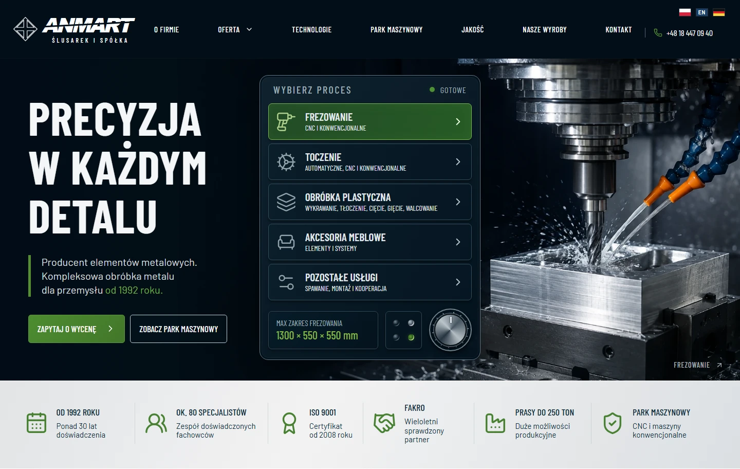 Strona ANMART z animowaną prezentacją obróbki metalu