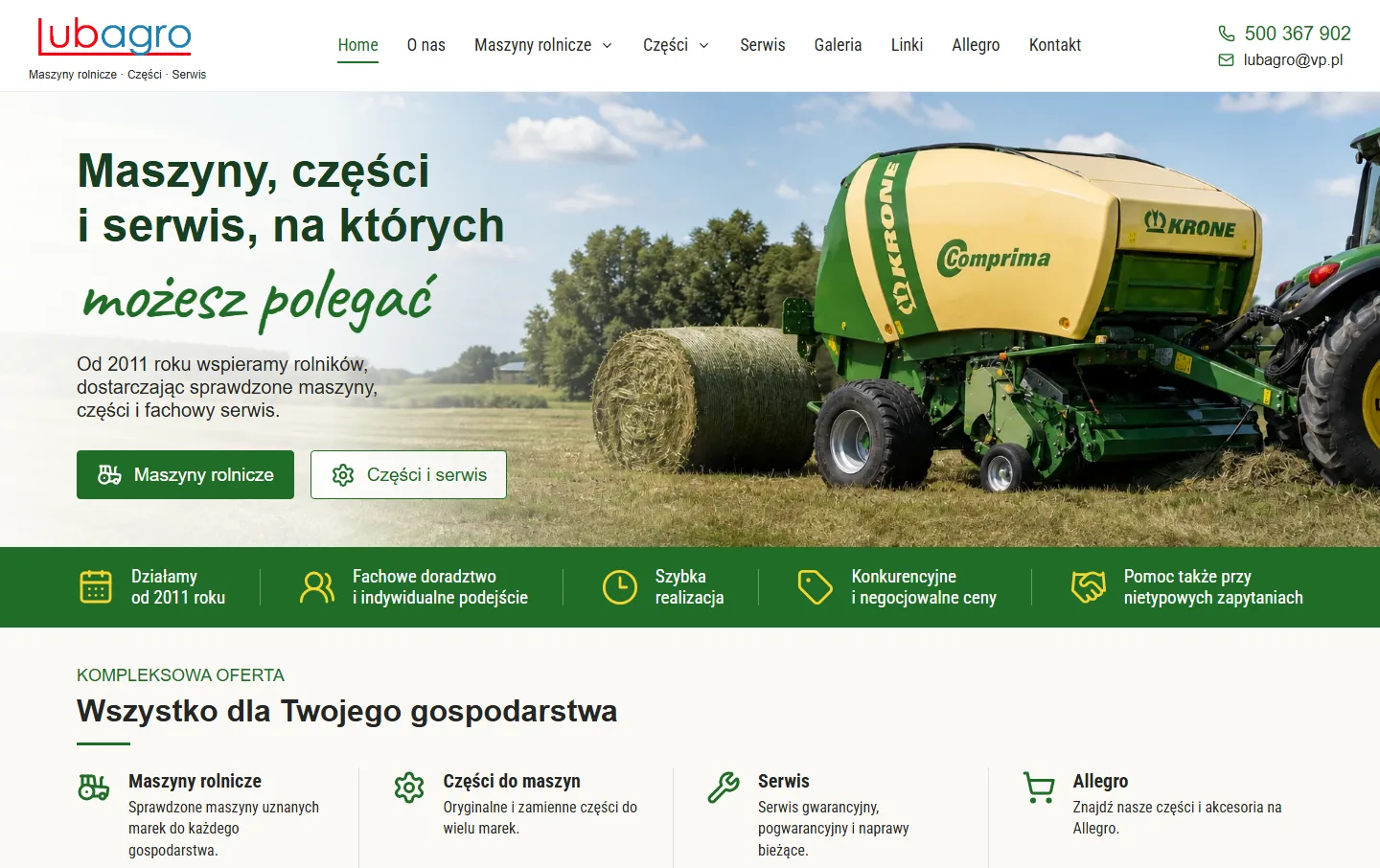 Strona Lubagro z maszynami rolniczymi, częściami i serwisem