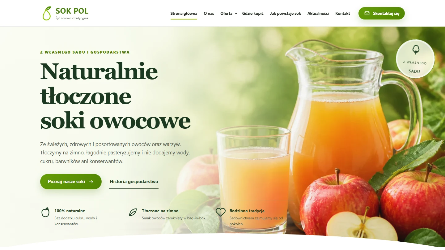 Strona SOK POL z prezentacją naturalnych soków jabłkowych