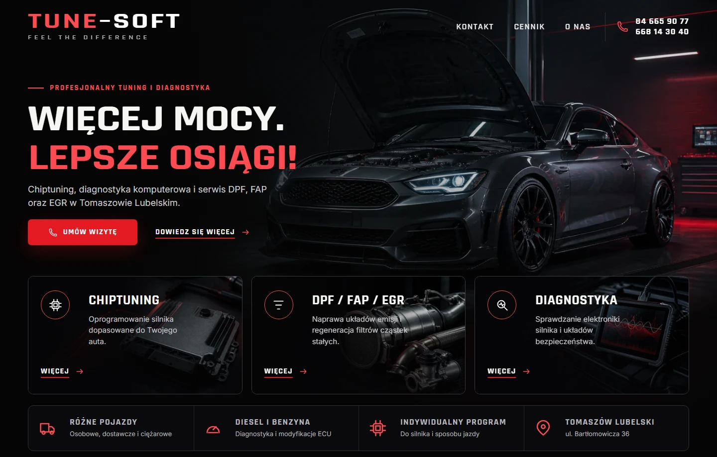 Strona Tune-Soft z ofertą chiptuningu i diagnostyki samochodowej